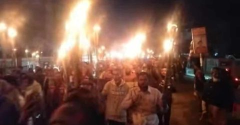 নান্দাইলে বিএনপির ঘোষিত মনোনয়ন বাতিলের দাবিতে মশাল মিছিল। 