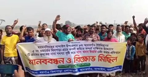 নান্দাইলে অবৈধ ও জোরপূর্বক খাল খননের প্রতিবাদে মানববন্ধন ও বিক্ষোভ